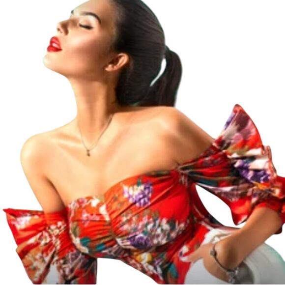 H&M Red Off-Shoulder Floral Puff Sleeve Top Romantic Y2K Blouse Size Small (4) - Picture 4 of 10